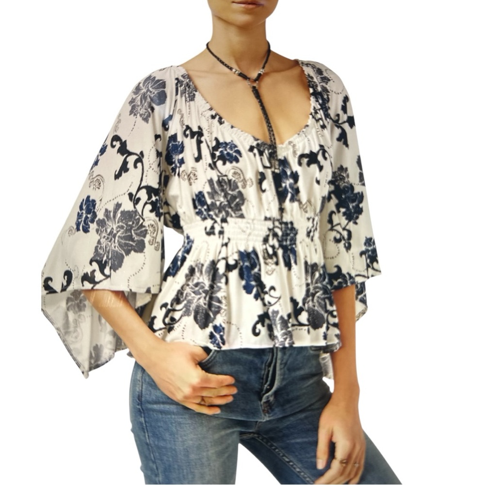 Free People Glenside Floral Flowy Peasant Top EUC